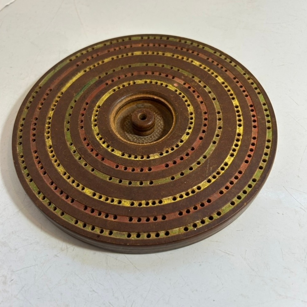 Vintage Threelane Round Cribbage Board 1941 HA Sicotte Mfg Toronto Canada 8 Inch